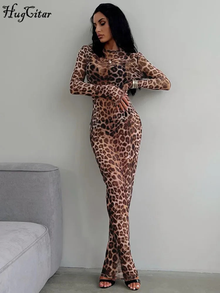 Leopard Mesh Long Sleeve Dress