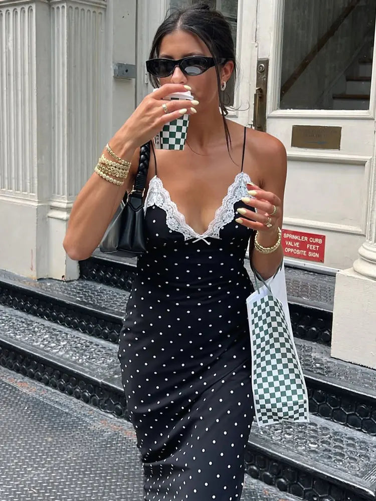 Lace V-Neck Dotted Dress
