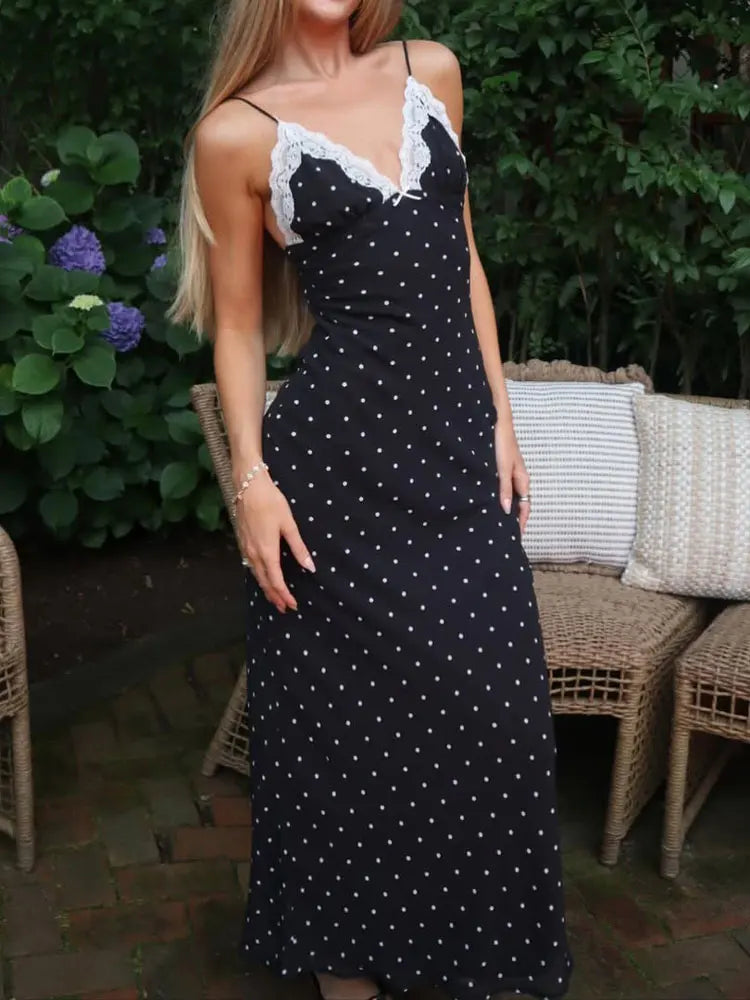 Lace V-Neck Dotted Dress