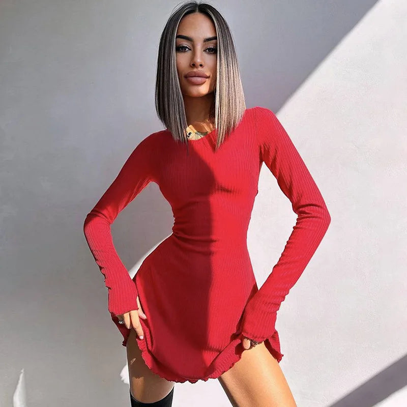 Long Sleeve Knitted Streetwear Mini Dress