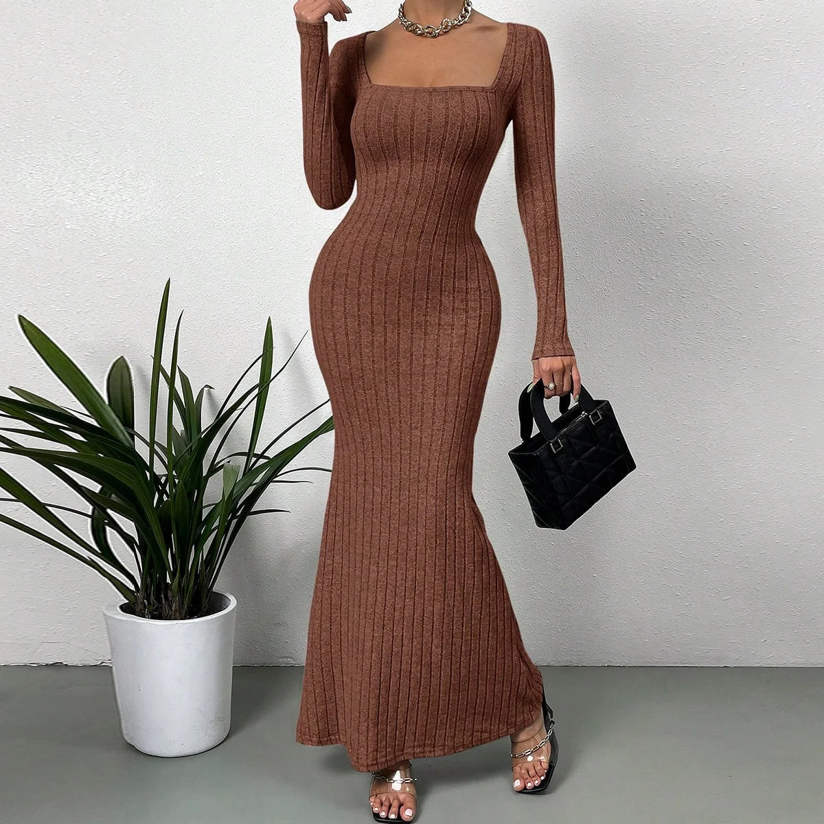Slim Fit Long-Sleeved Ribbed Dress