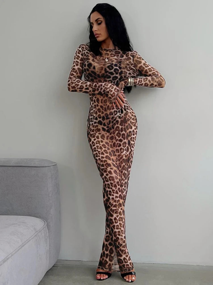 Leopard Mesh Long Sleeve Dress