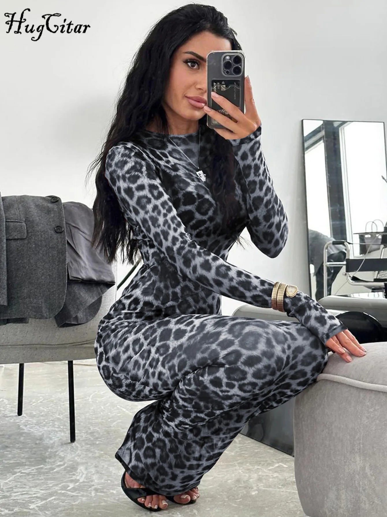 Leopard Mesh Long Sleeve Dress